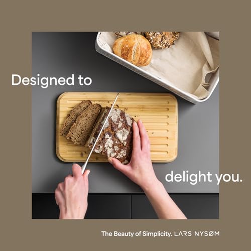 LARS NYSØM Bread Box I Metal Box with linen bag for long lasting freshness I Bread Bin with bamboo lid usable as cutting board I 13.4x7.3x5.3In (Blush Rose)